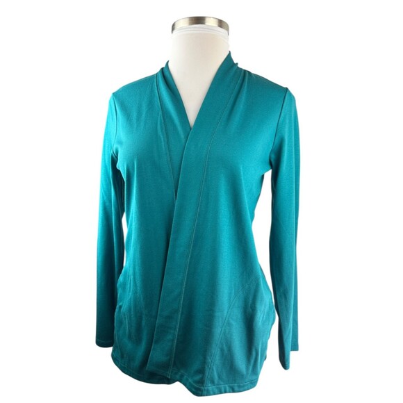 LL Bean Supima Cotton Open Cardigan Pockets Split Back Teal Minimalist Large - Picture 1 of 10